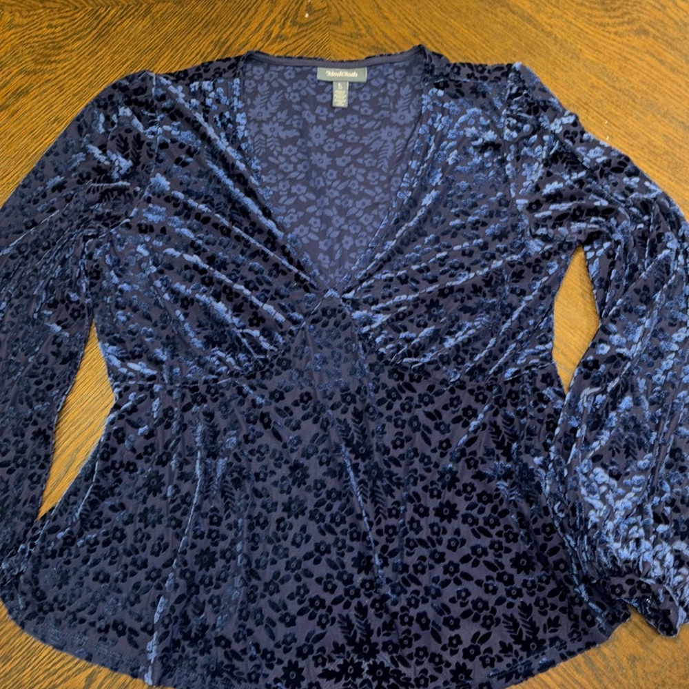 ModCloth Blue Floral Velvet Sheer Blouse size Large